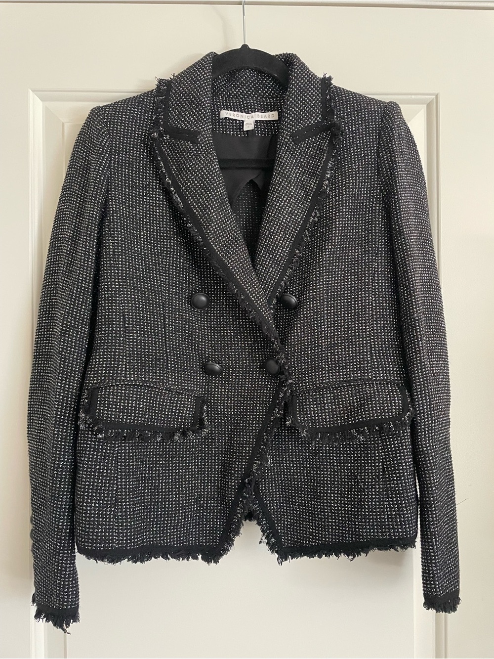 Veronica Beard Dickey Aba Tweed Jacket Multi black Size 2 fringe Trim